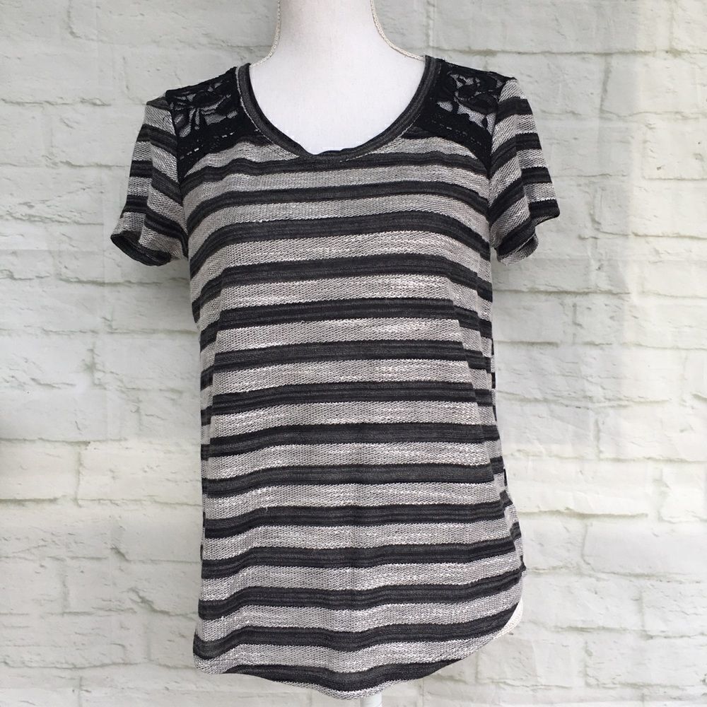 Maison Jules Black Gray Stripe Lace Top M